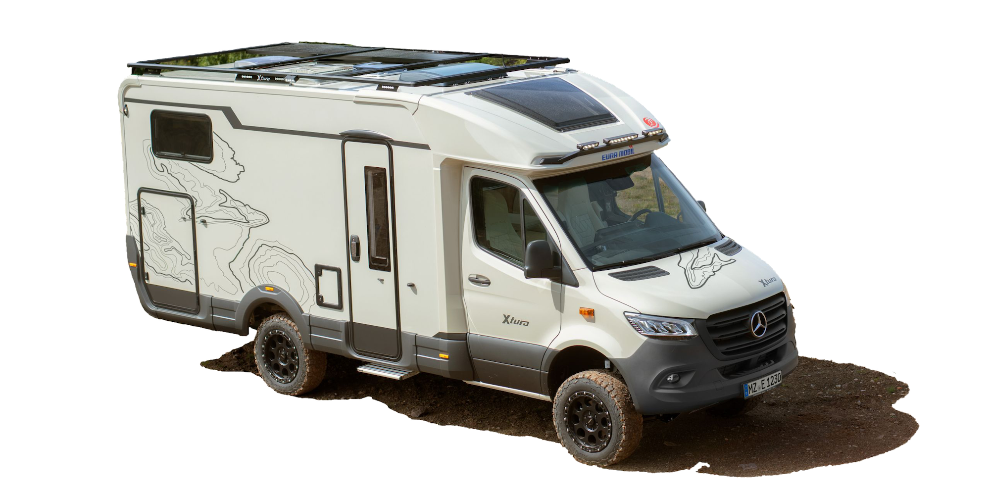 Vollaufnahme des Xtura, weißes Wohnmobil, seitliche Ansicht.